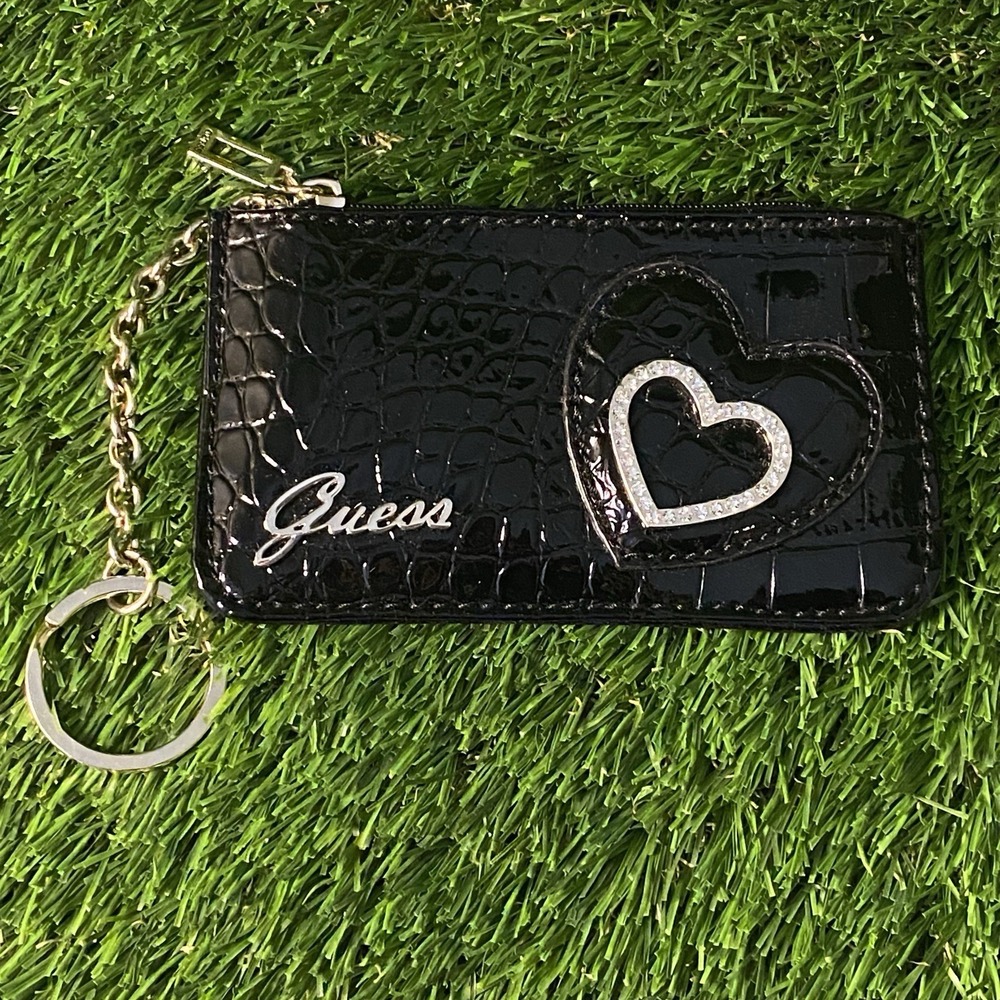 Guess Patent Leather Alligator Pattern Zipper Wallet Jeweled Heart Black Y2K